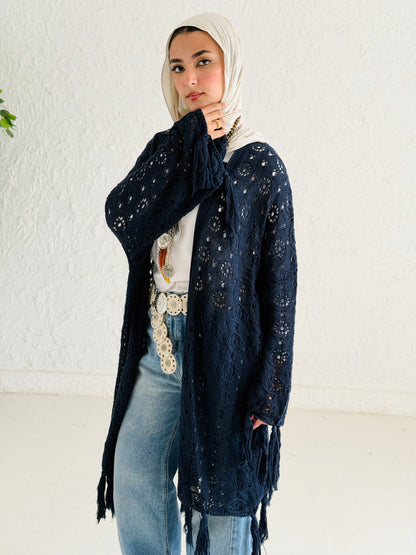 Fringes crochet cardigan in Navy
