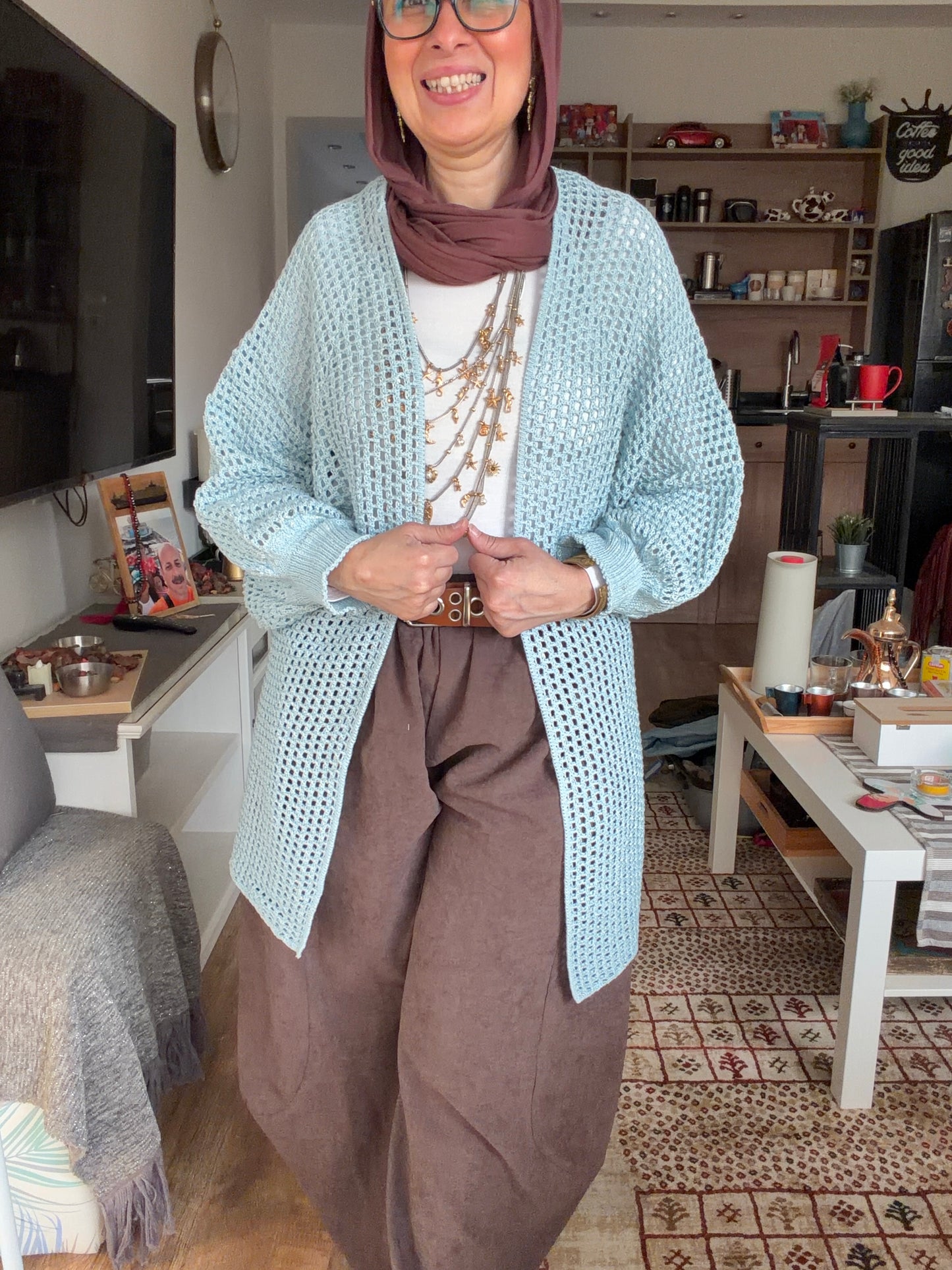 Golden Glow Crochet Kimono in Baby Blue