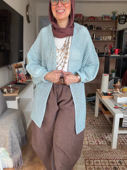 Golden Glow Crochet Kimono in Baby Blue