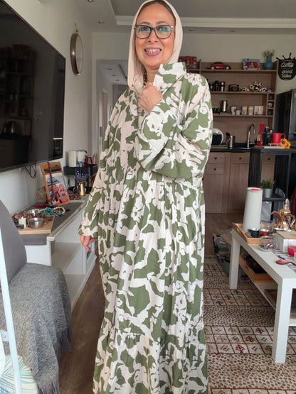 Cloud Print Maxi Dress in Olive