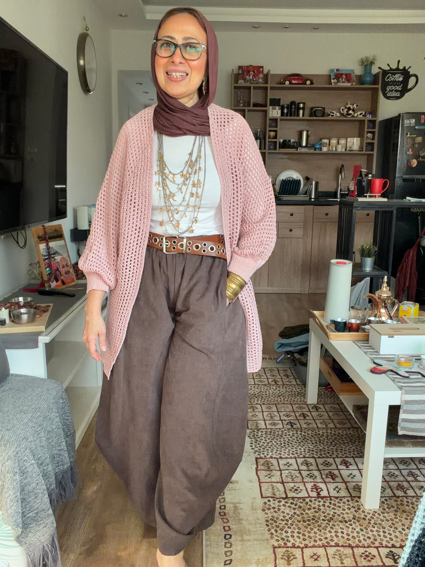 Golden Glow Crochet Kimono in pink