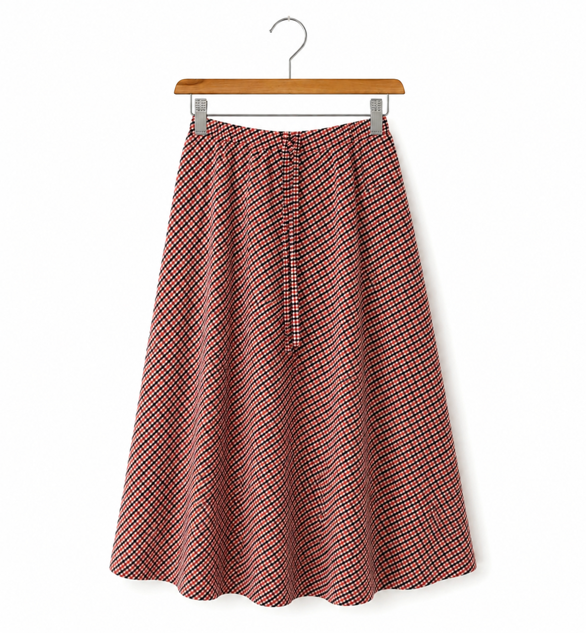 Red Flared Checked Midi Skirt