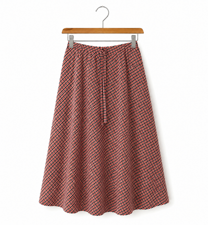 Red Flared Checked Midi Skirt