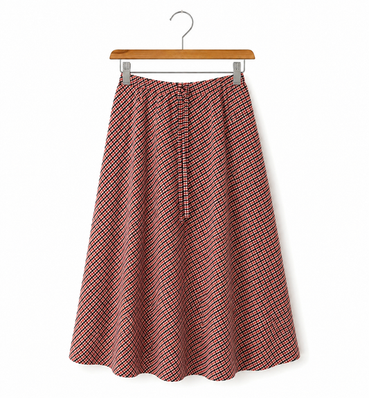 Red Flared Checked Midi Skirt