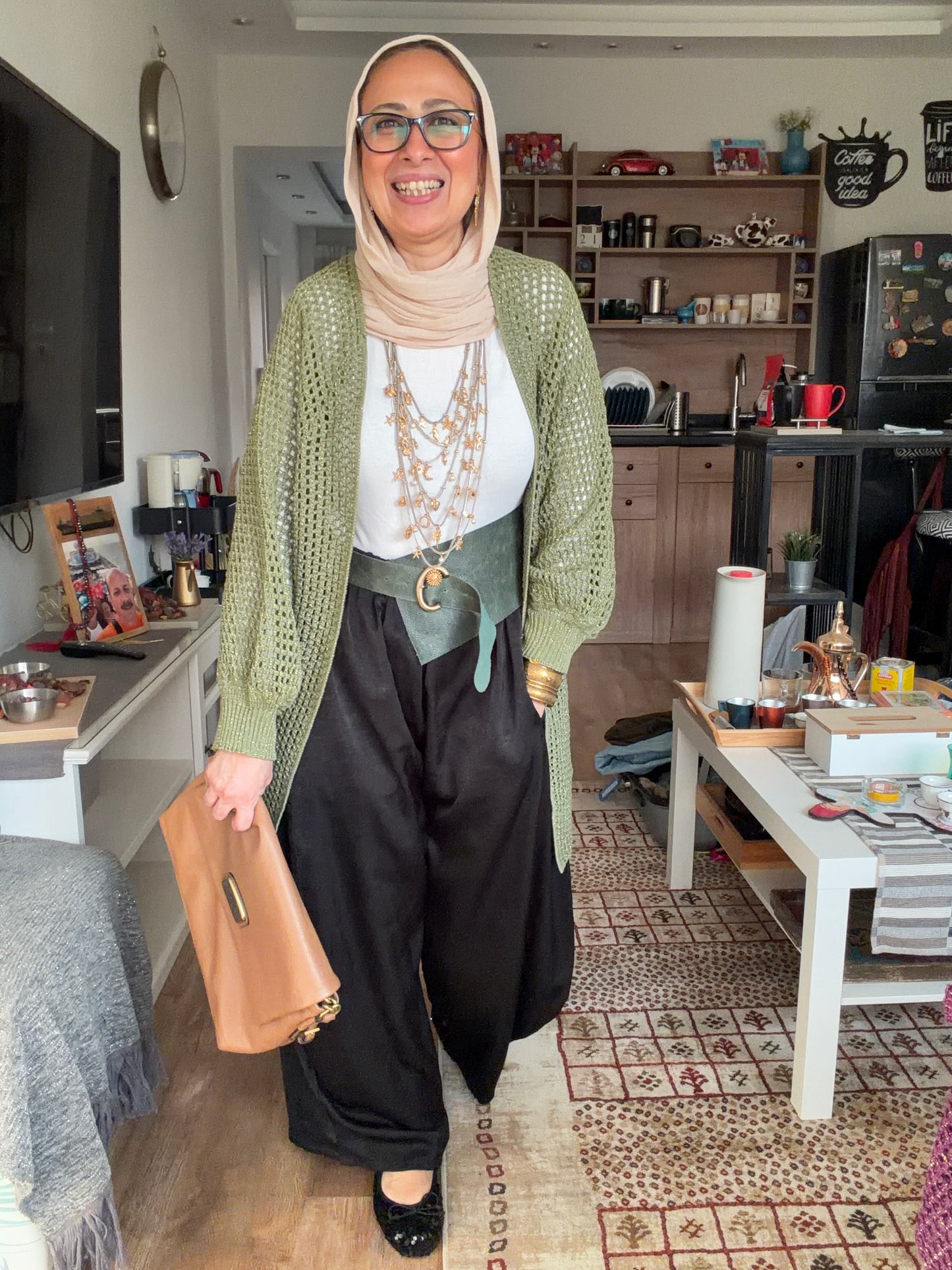 Golden Glow Crochet Kimono in Olive