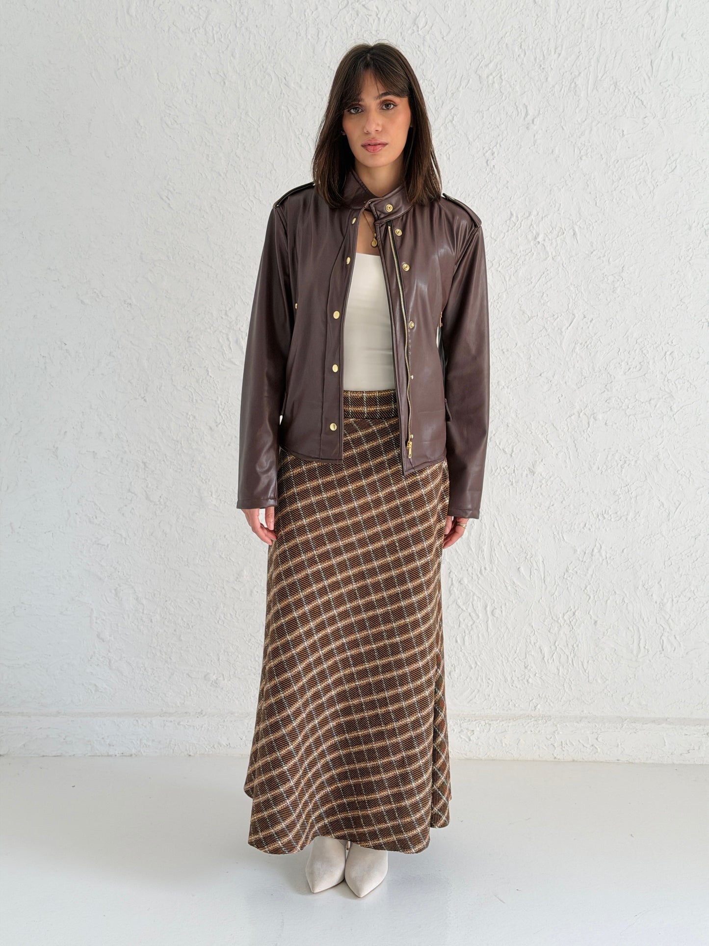 Faux Leather Jacket With Belt In Brown