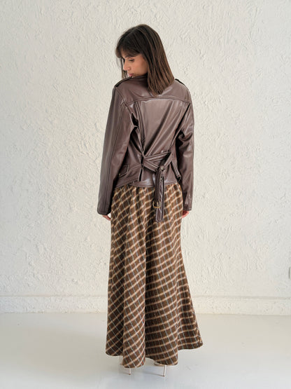 Faux Leather Jacket With Belt In Brown