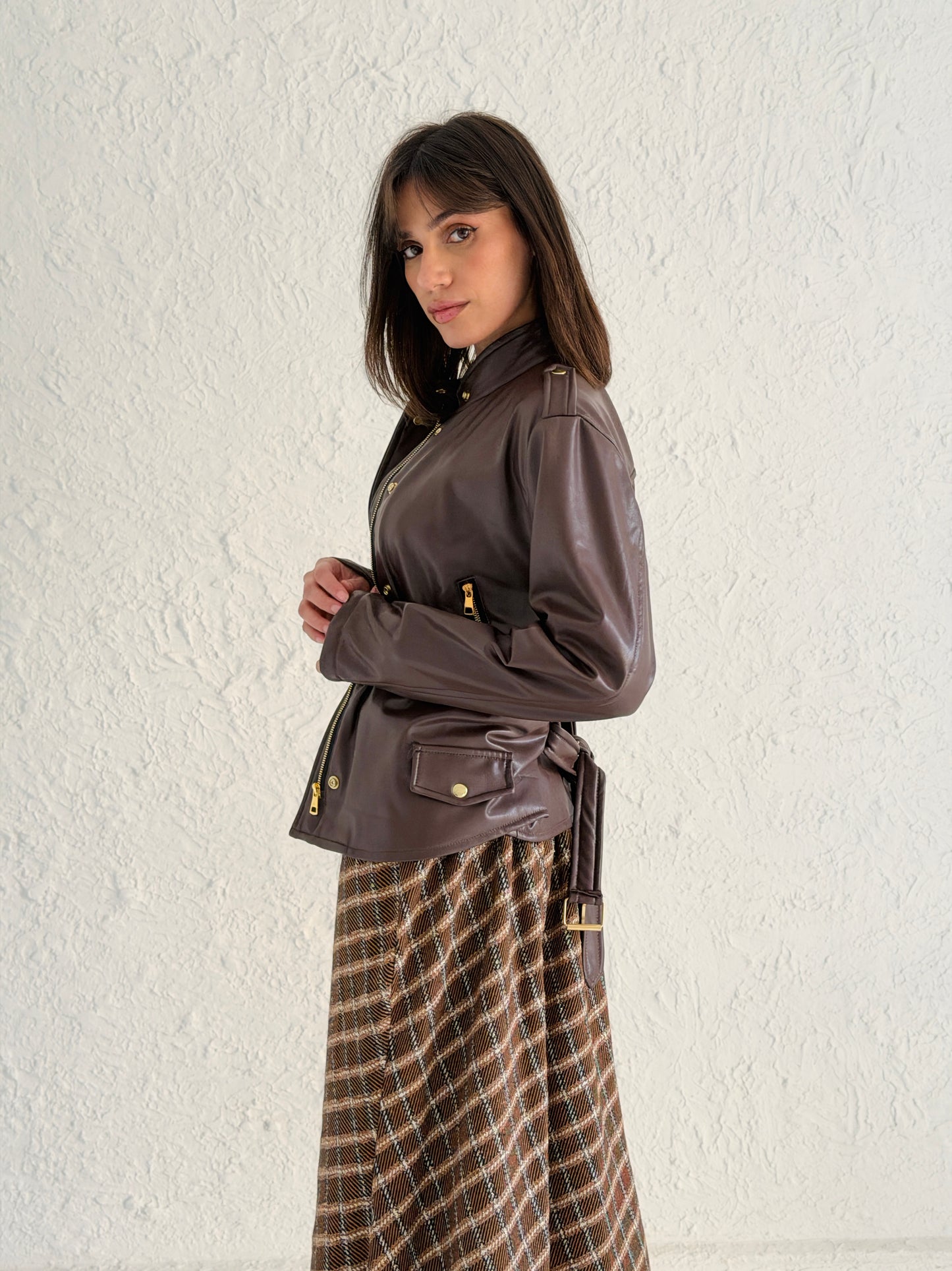 Faux Leather Jacket With Belt In Brown