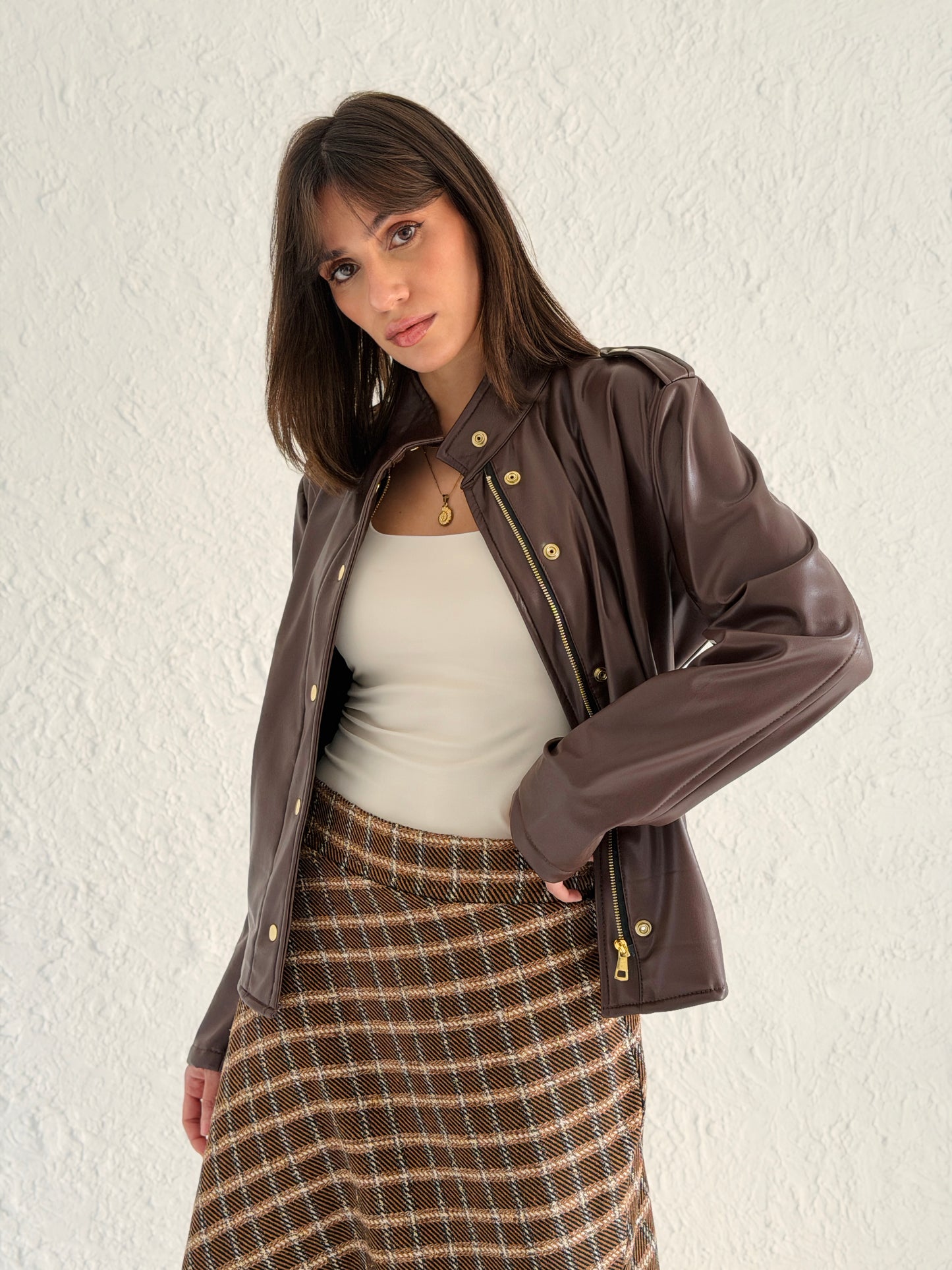 Faux Leather Jacket With Belt In Brown