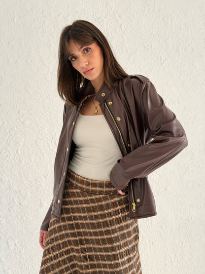 Faux Leather Jacket With Belt In Brown