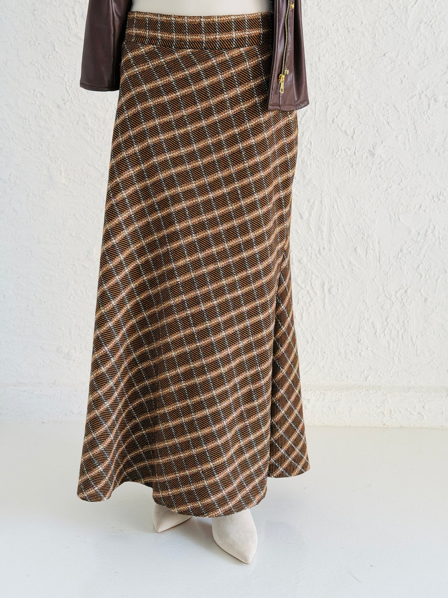 Checked Maxi Skirt in Gold Lines and Brown