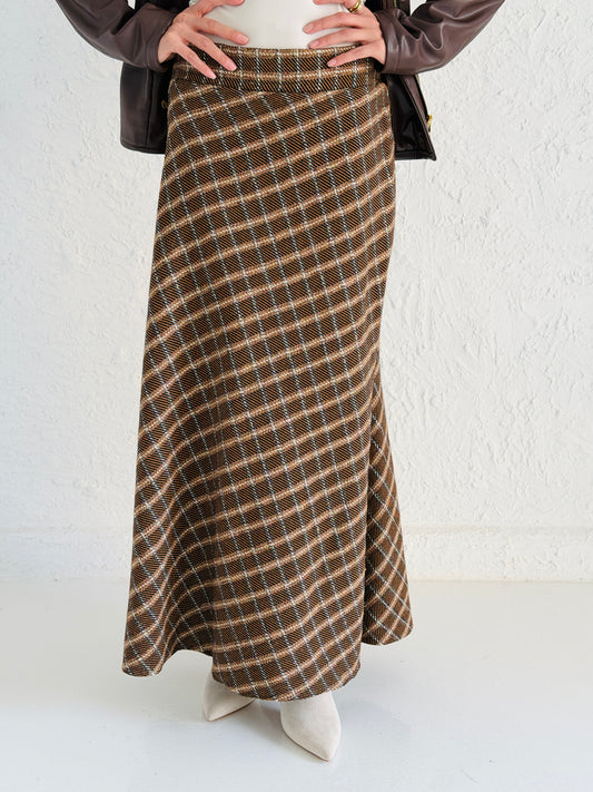Checked Maxi Skirt in Gold Lines and Brown