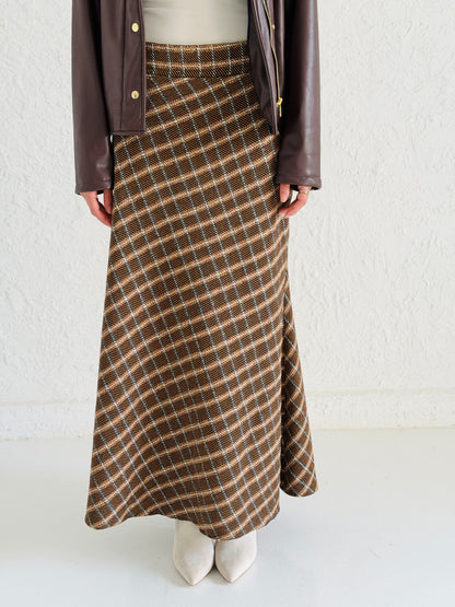 Checked Maxi Skirt in Gold Lines and Brown