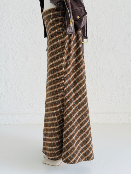 Checked Maxi Skirt in Gold Lines and Brown