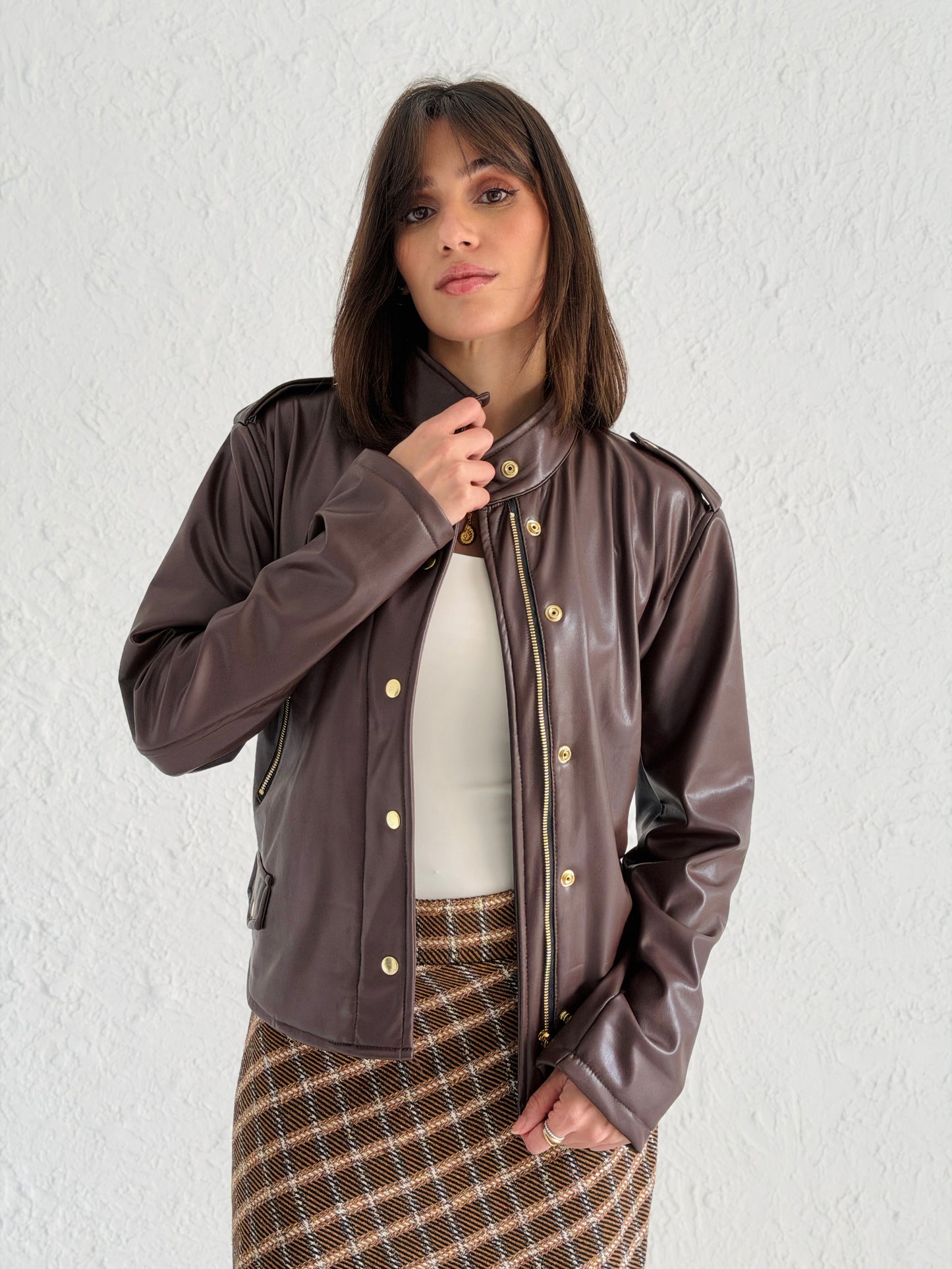 Faux Leather Jacket With Belt In Brown