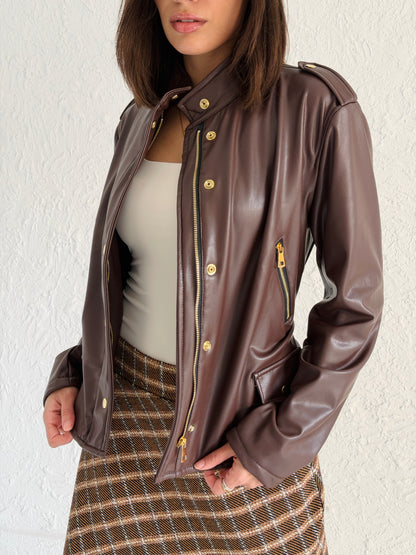 Faux Leather Jacket With Belt In Brown