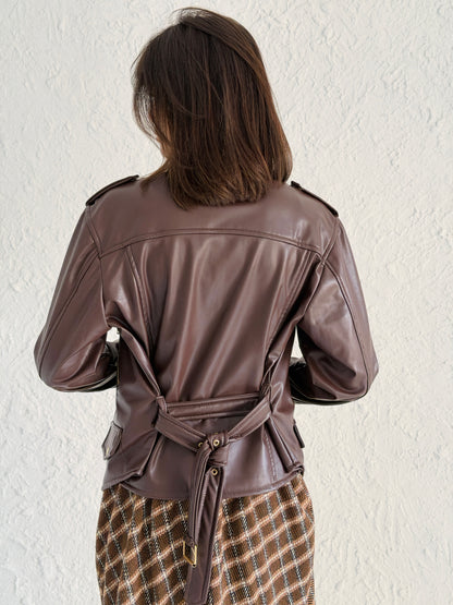 Faux Leather Jacket With Belt In Brown