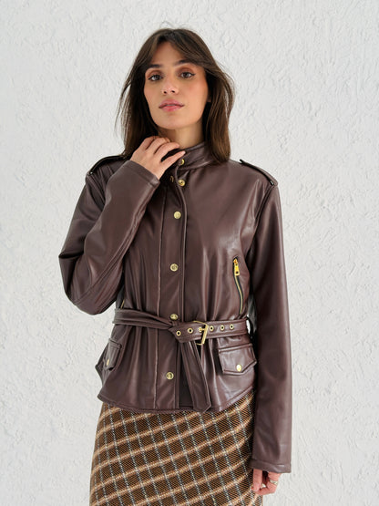 Faux Leather Jacket With Belt In Brown