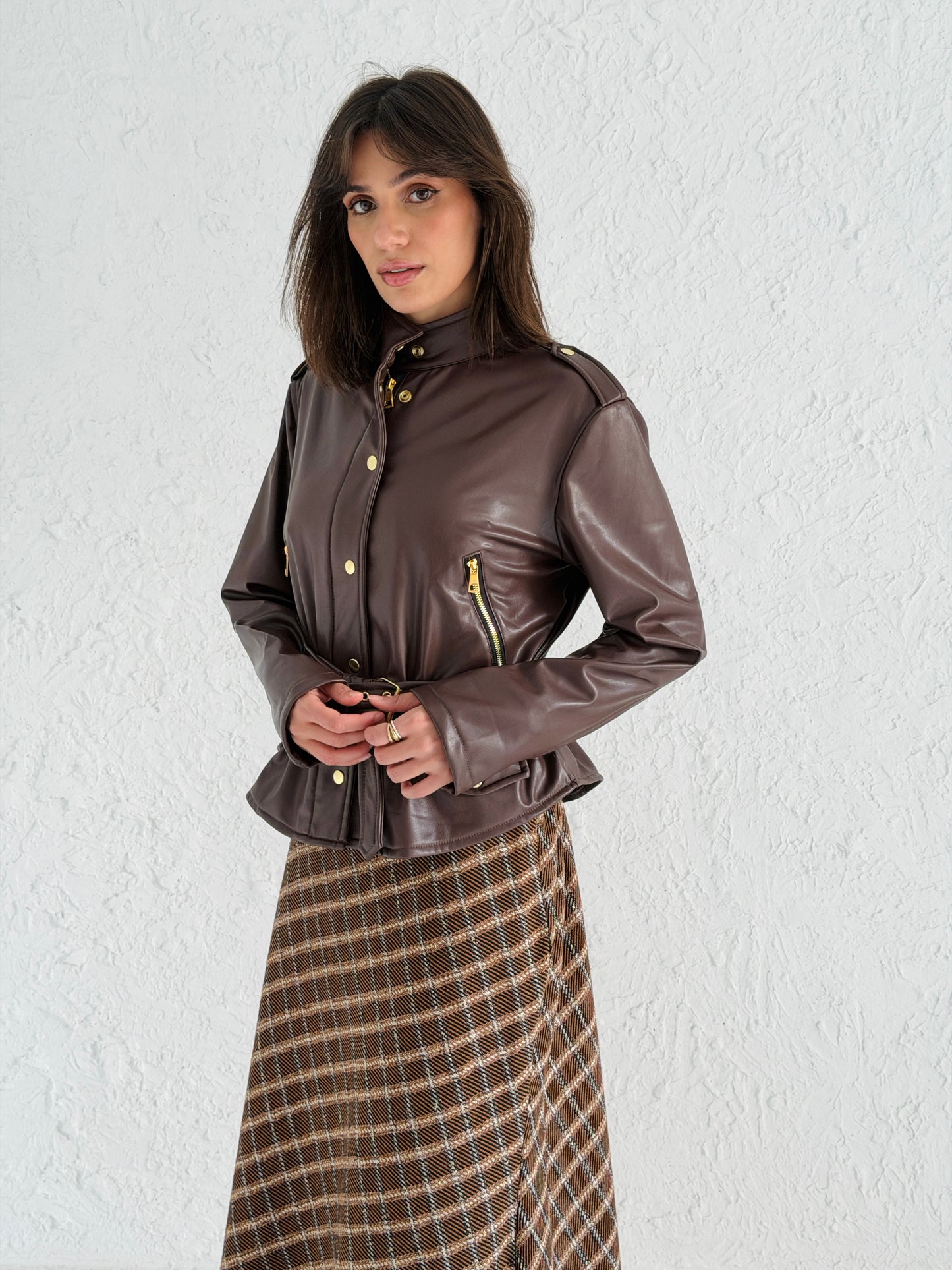 Faux Leather Jacket With Belt In Brown
