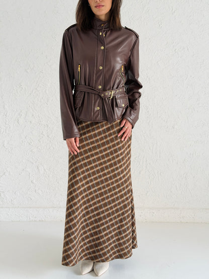 Faux Leather Jacket With Belt In Brown