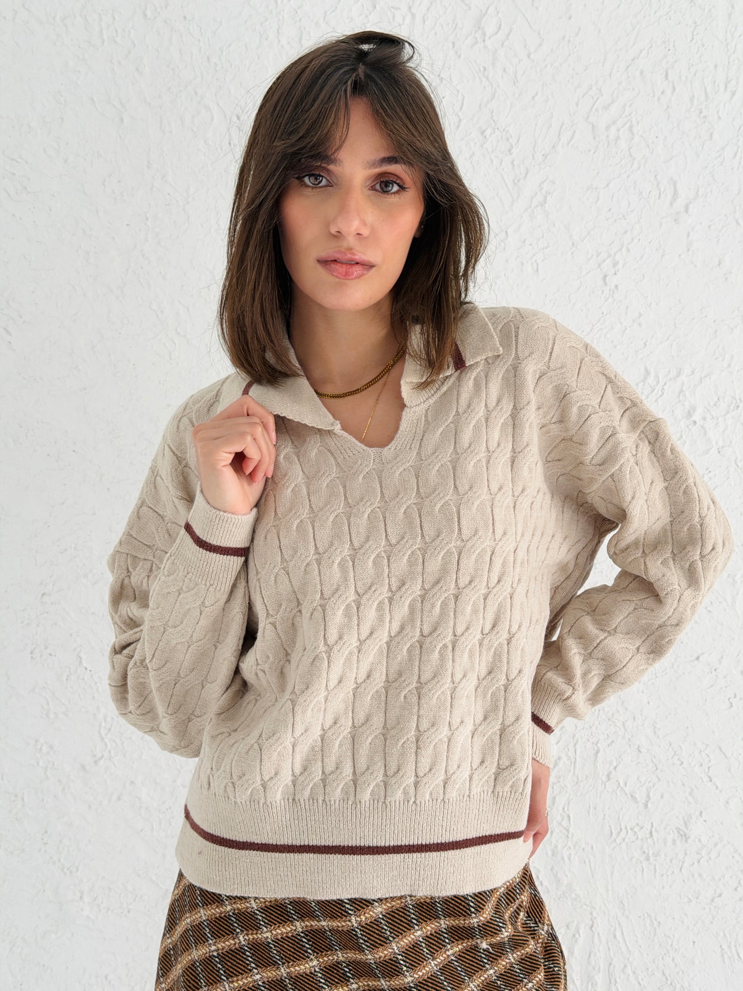Polo Braided Sweater In Beige