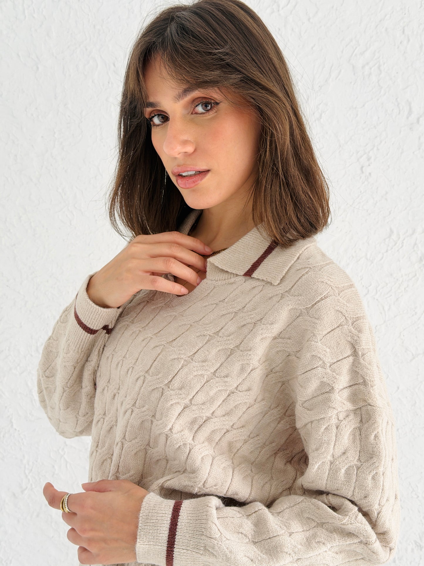 Polo Braided Sweater In Beige