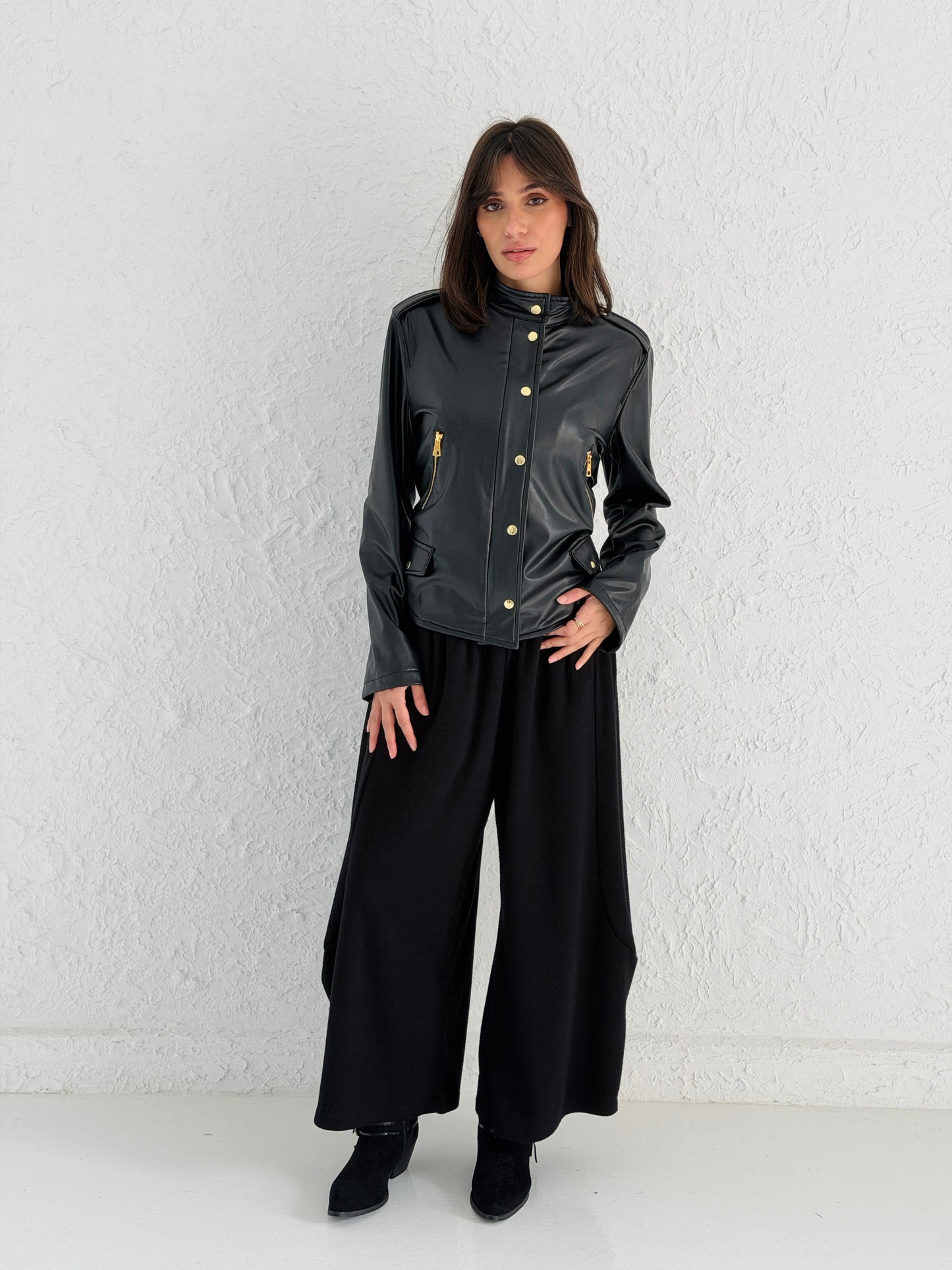 Faux Leather Jacket With Belt In Black