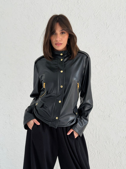 Faux Leather Jacket With Belt In Black