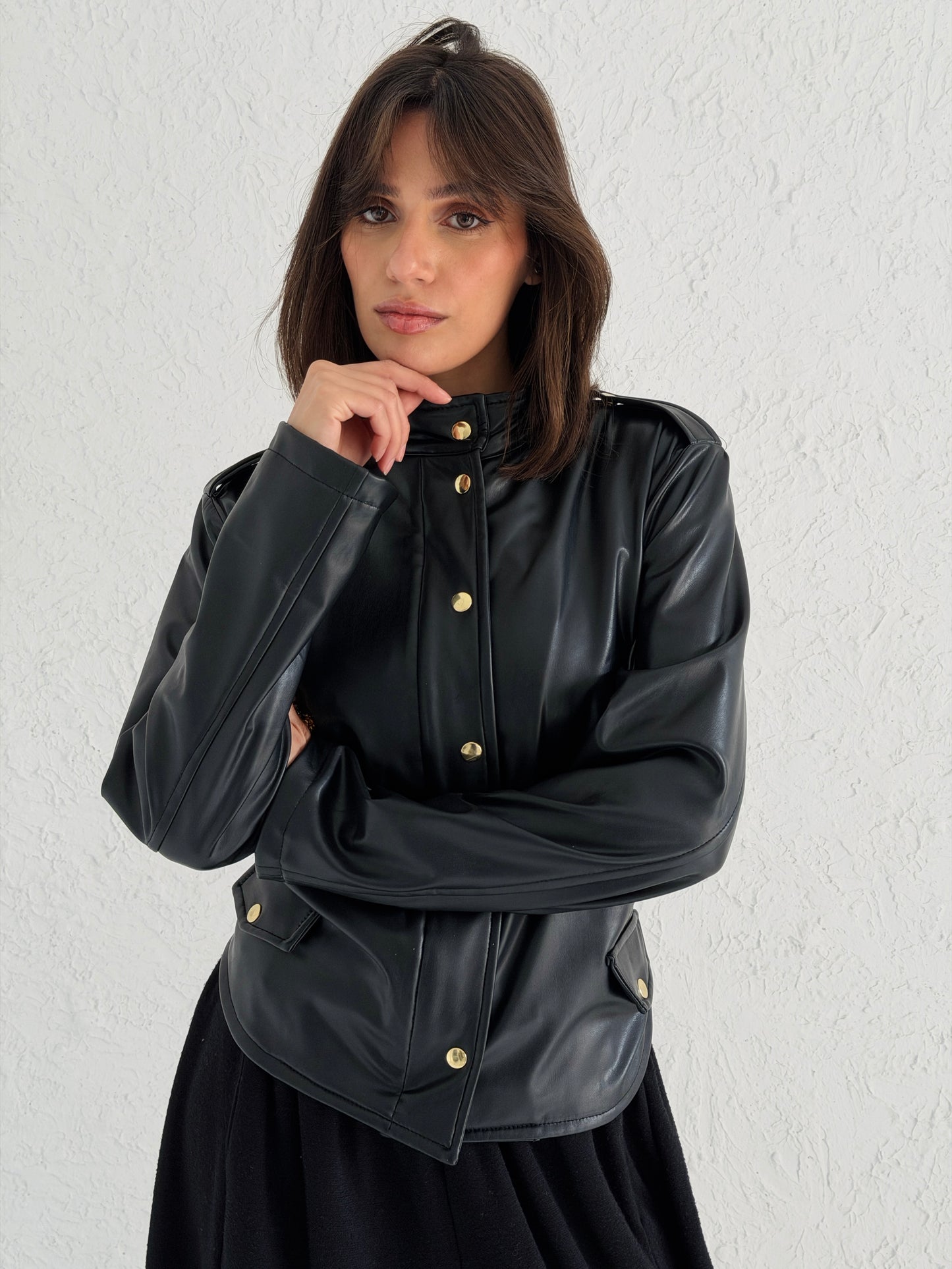 Faux Leather Jacket With Belt In Black