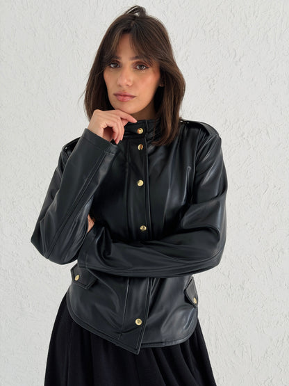 Faux Leather Jacket With Belt In Black