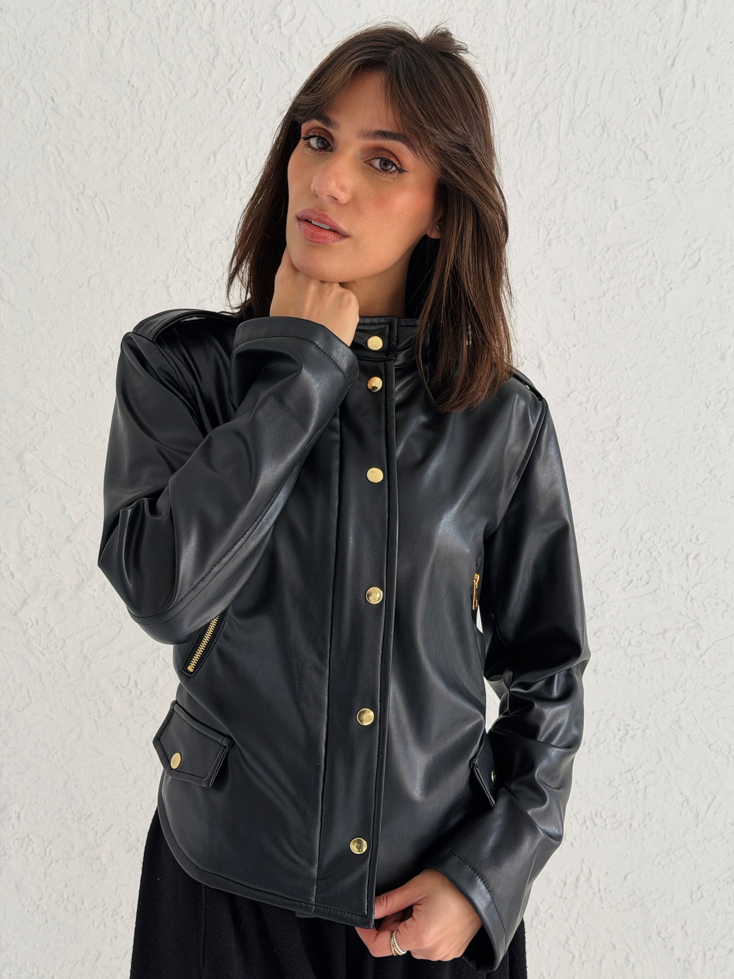 Faux Leather Jacket With Belt In Black