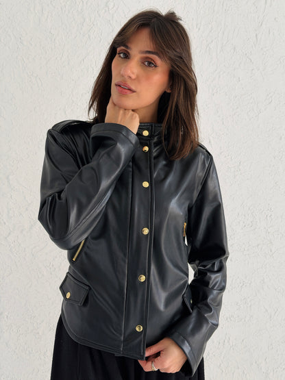 Faux Leather Jacket With Belt In Black