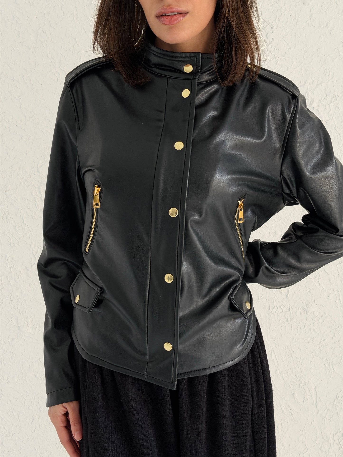 Faux Leather Jacket With Belt In Black
