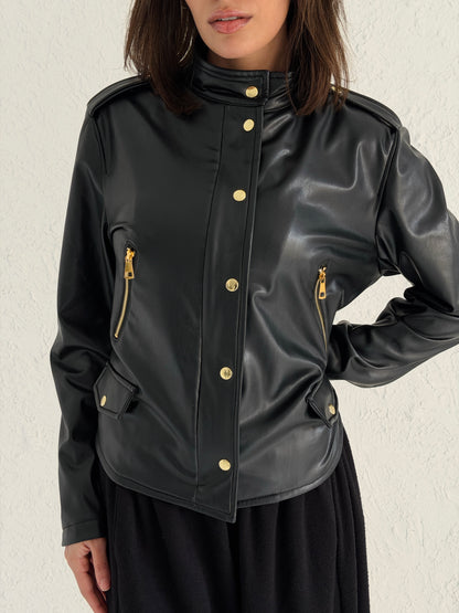 Faux Leather Jacket With Belt In Black
