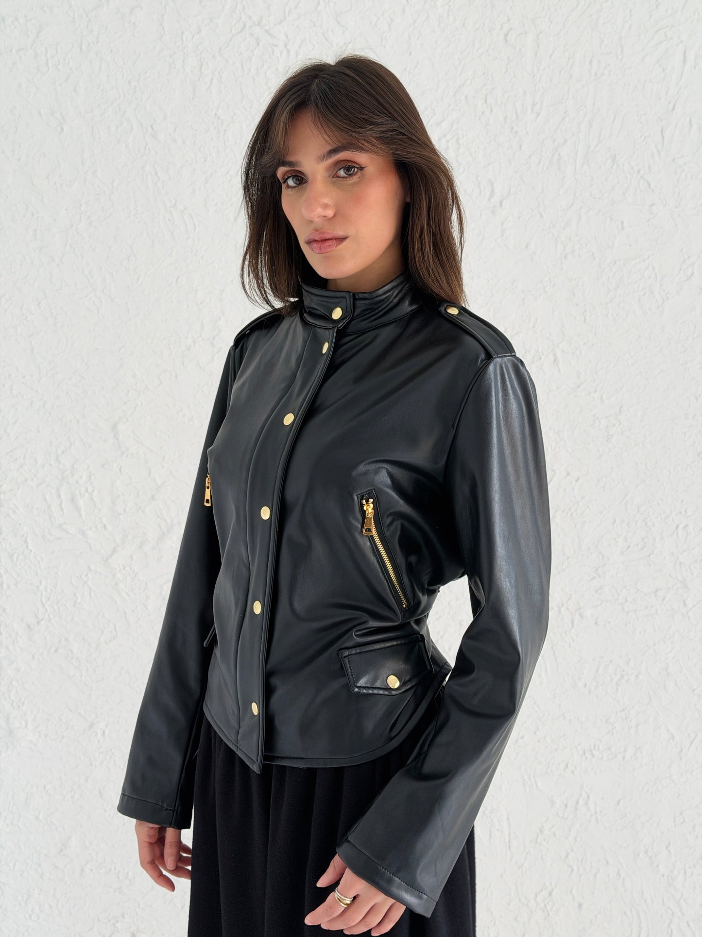 Faux Leather Jacket With Belt In Black