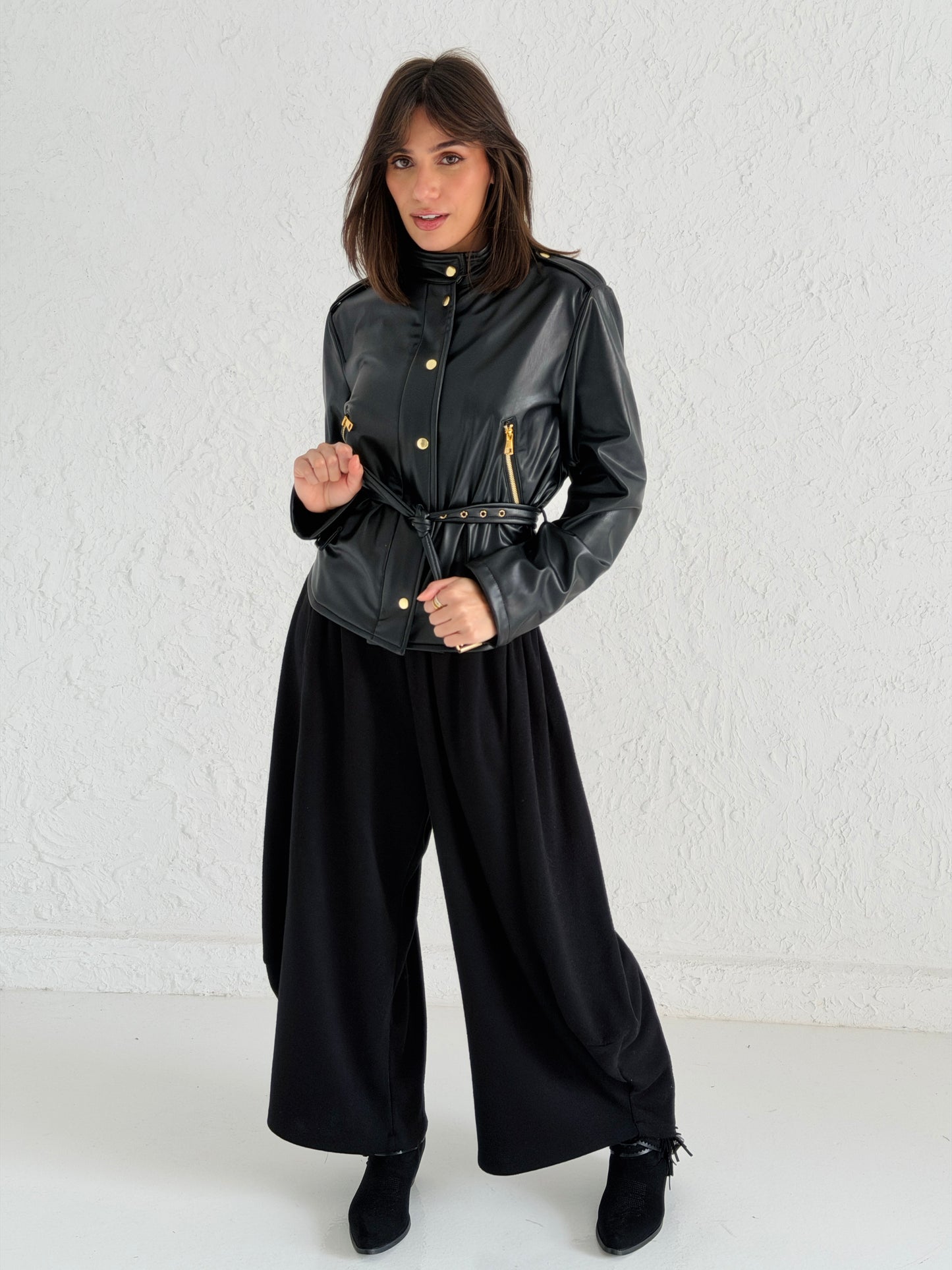 Faux Leather Jacket With Belt In Black