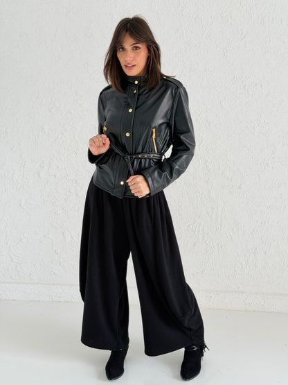 Faux Leather Jacket With Belt In Black