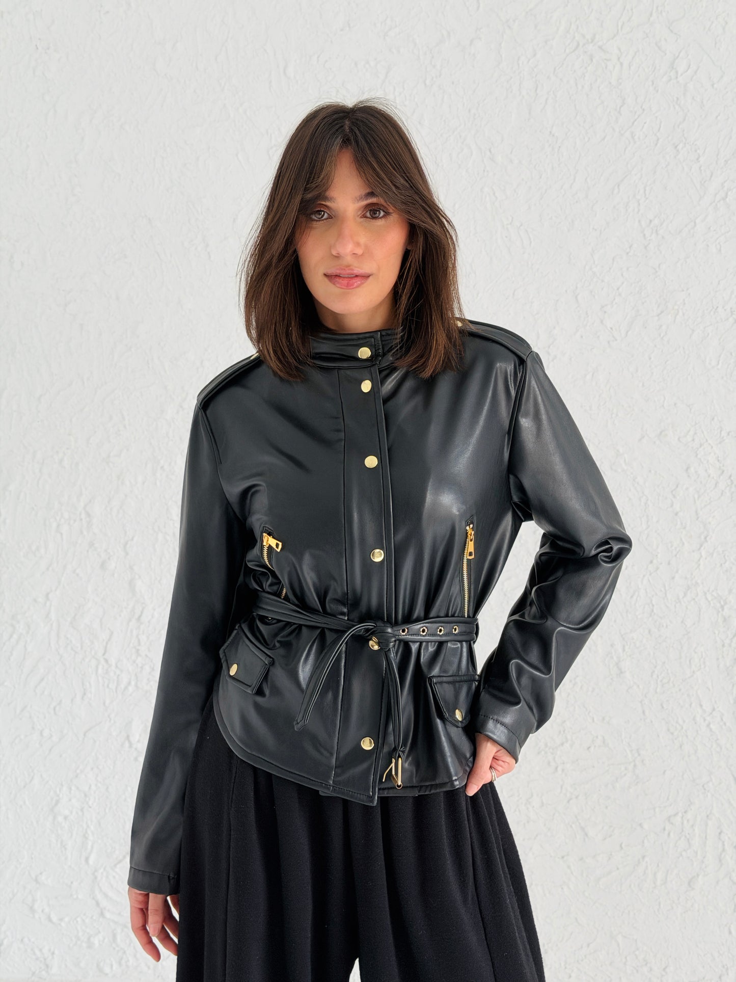 Faux Leather Jacket With Belt In Black