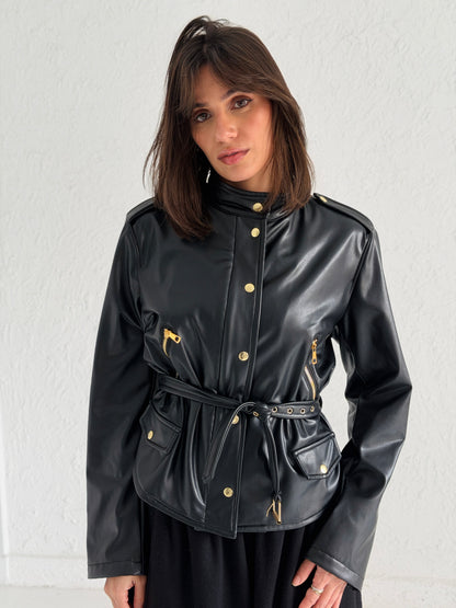 Faux Leather Jacket With Belt In Black