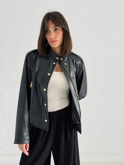 Faux Leather Jacket With Belt In Black