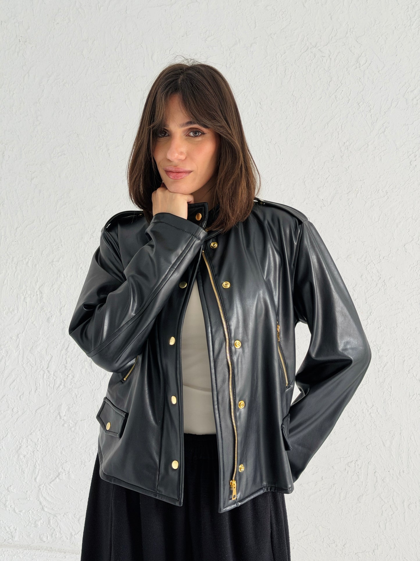 Faux Leather Jacket With Belt In Black