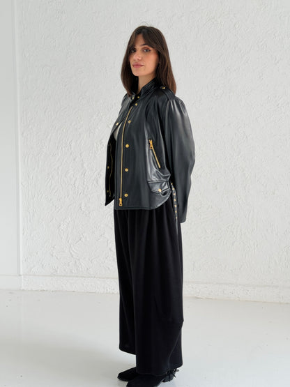 Faux Leather Jacket With Belt In Black