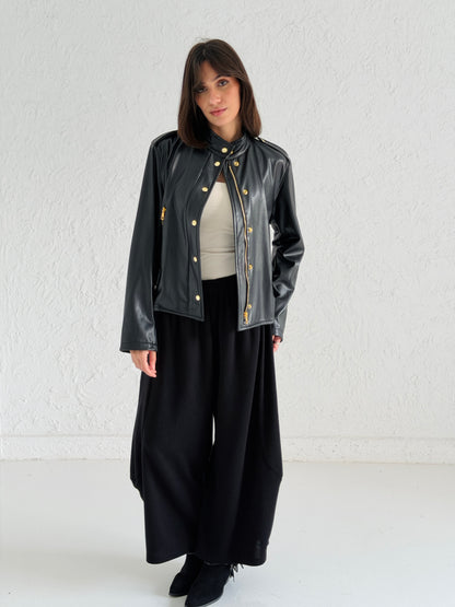 Faux Leather Jacket With Belt In Black