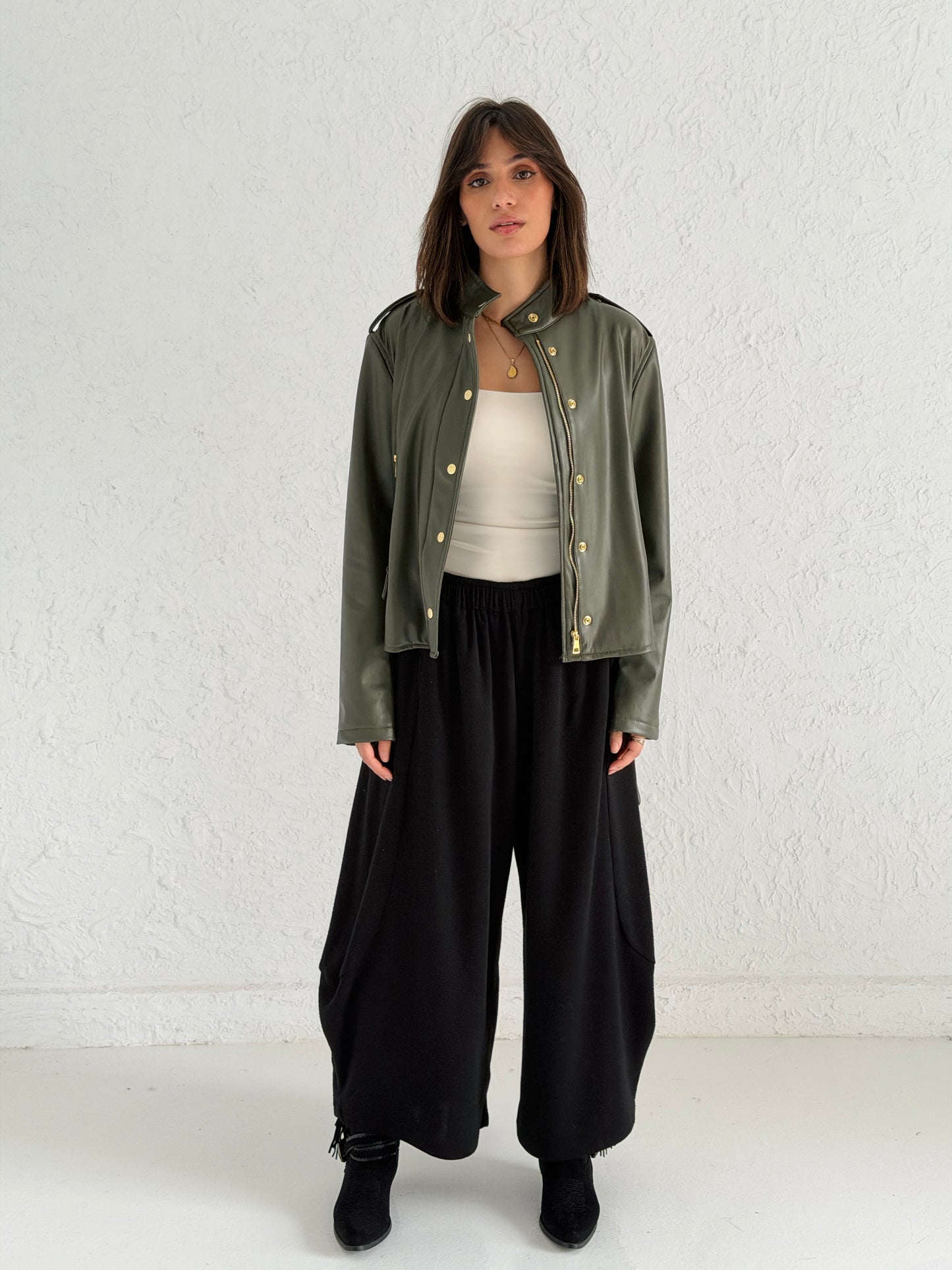 Faux Leather Jacket With Belt In Olive