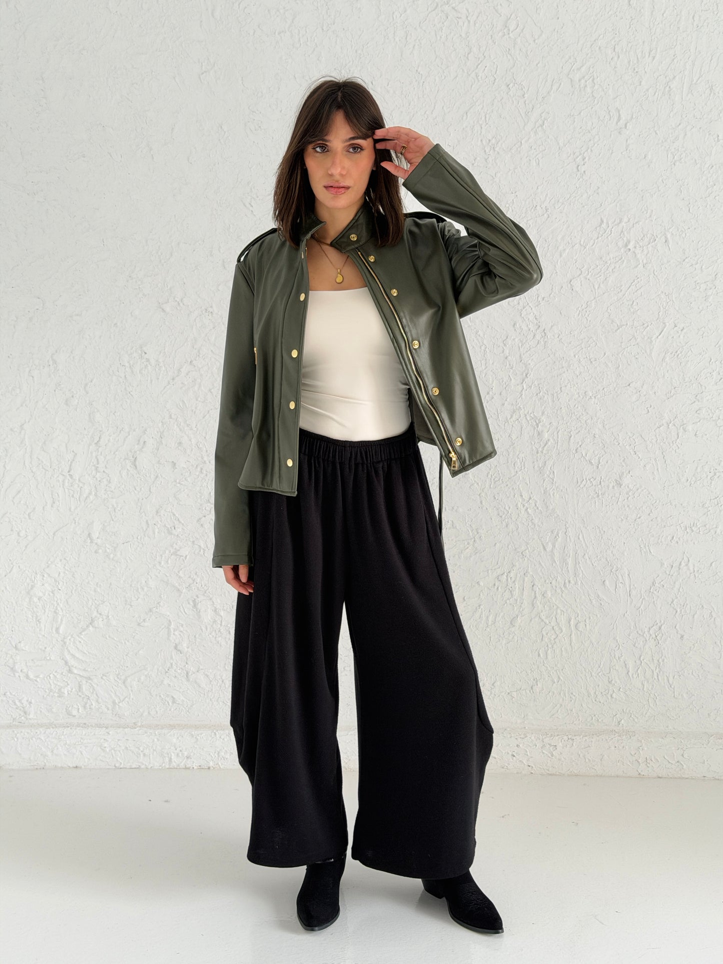 Faux Leather Jacket With Belt In Olive