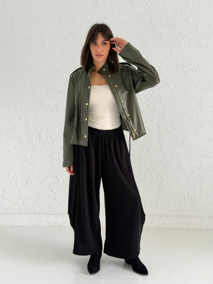 Faux Leather Jacket With Belt In Olive