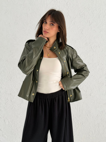 Faux Leather Jacket With Belt In Olive