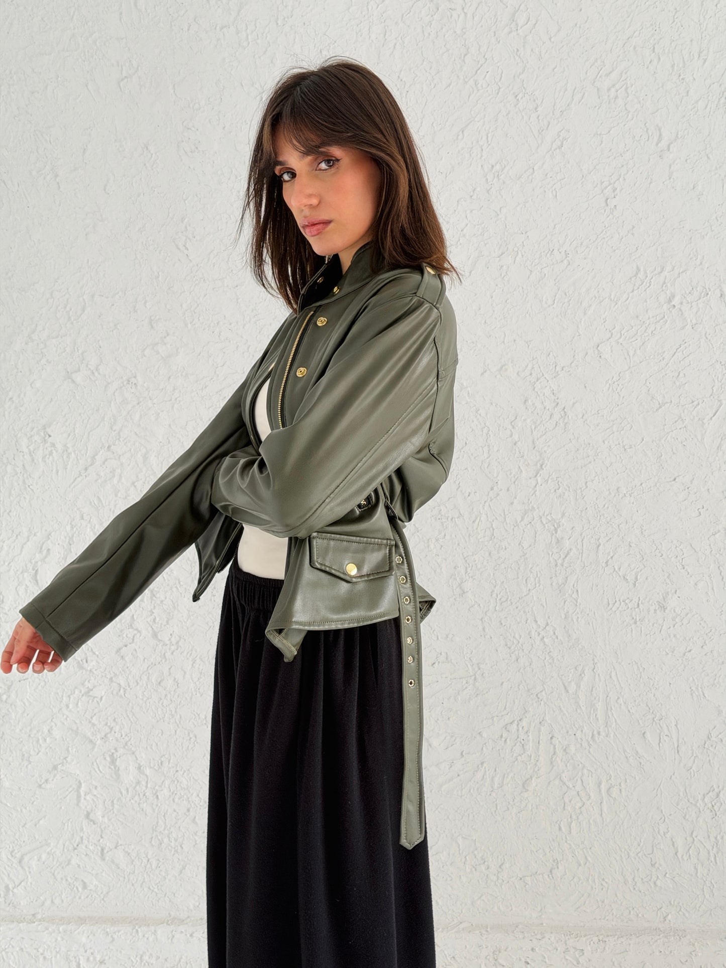 Faux Leather Jacket With Belt In Olive