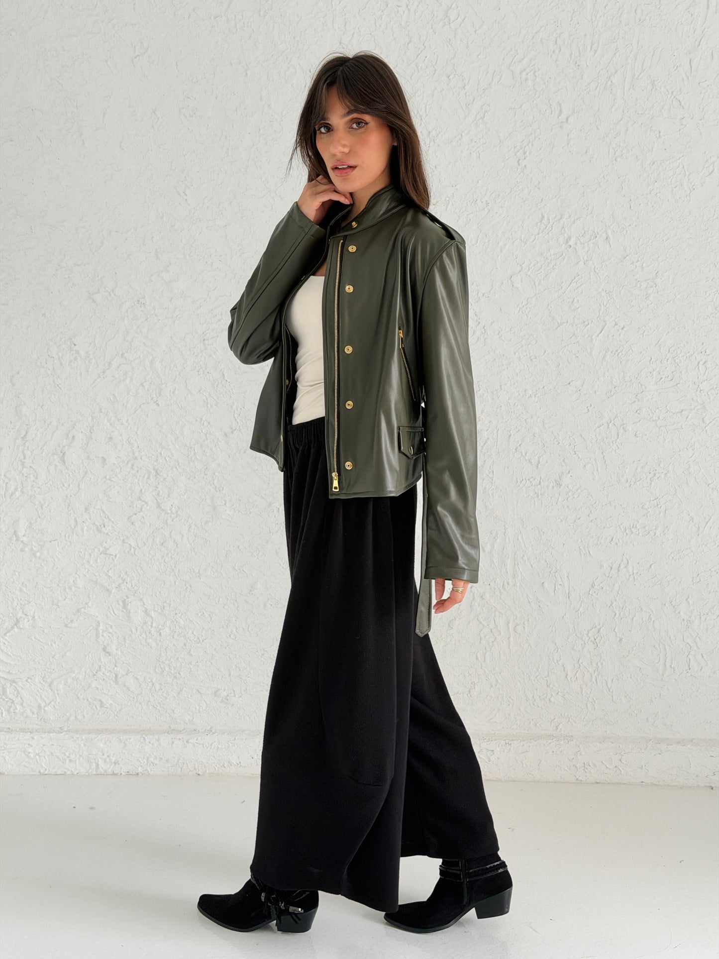 Faux Leather Jacket With Belt In Olive