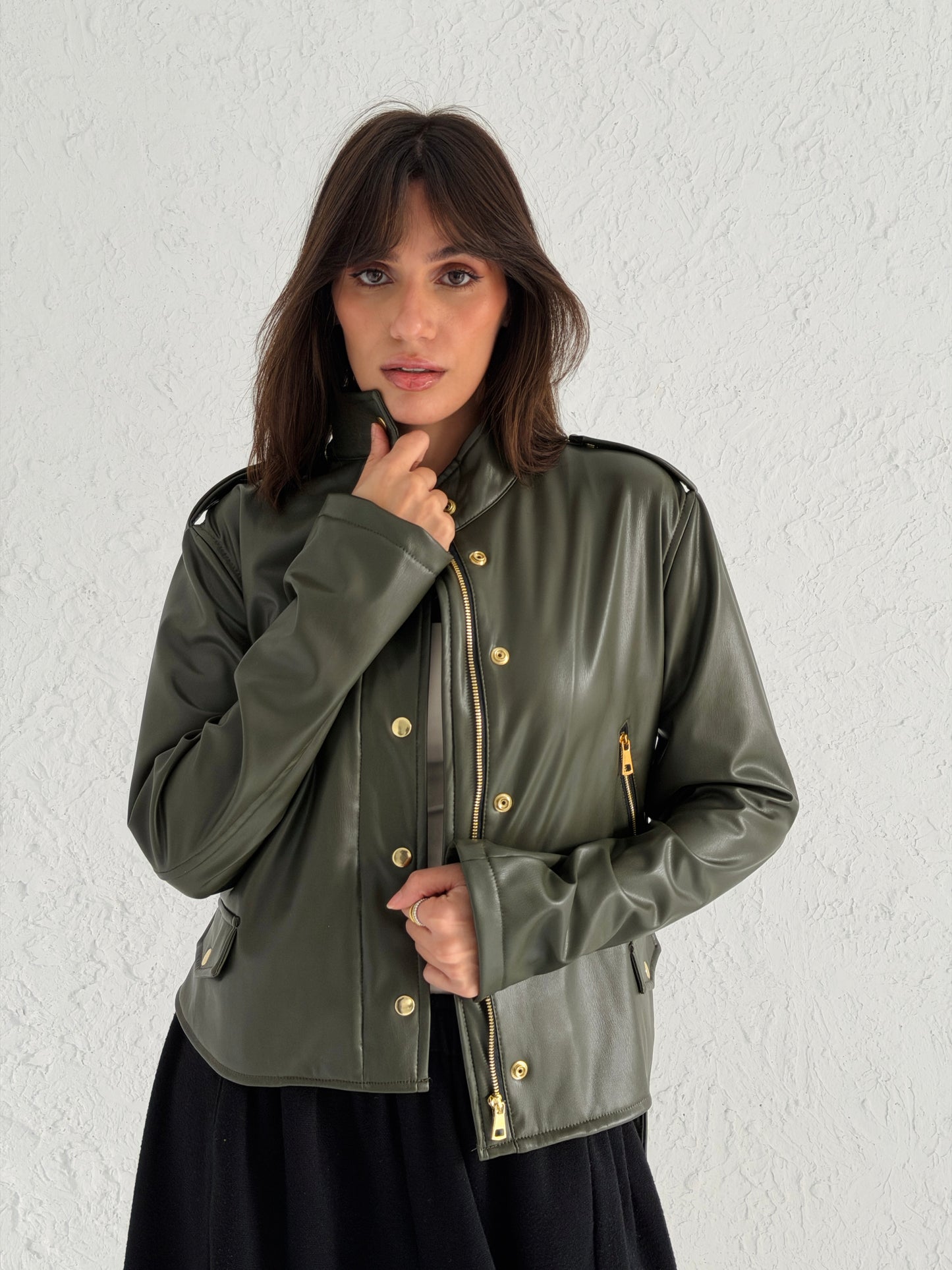 Faux Leather Jacket With Belt In Olive